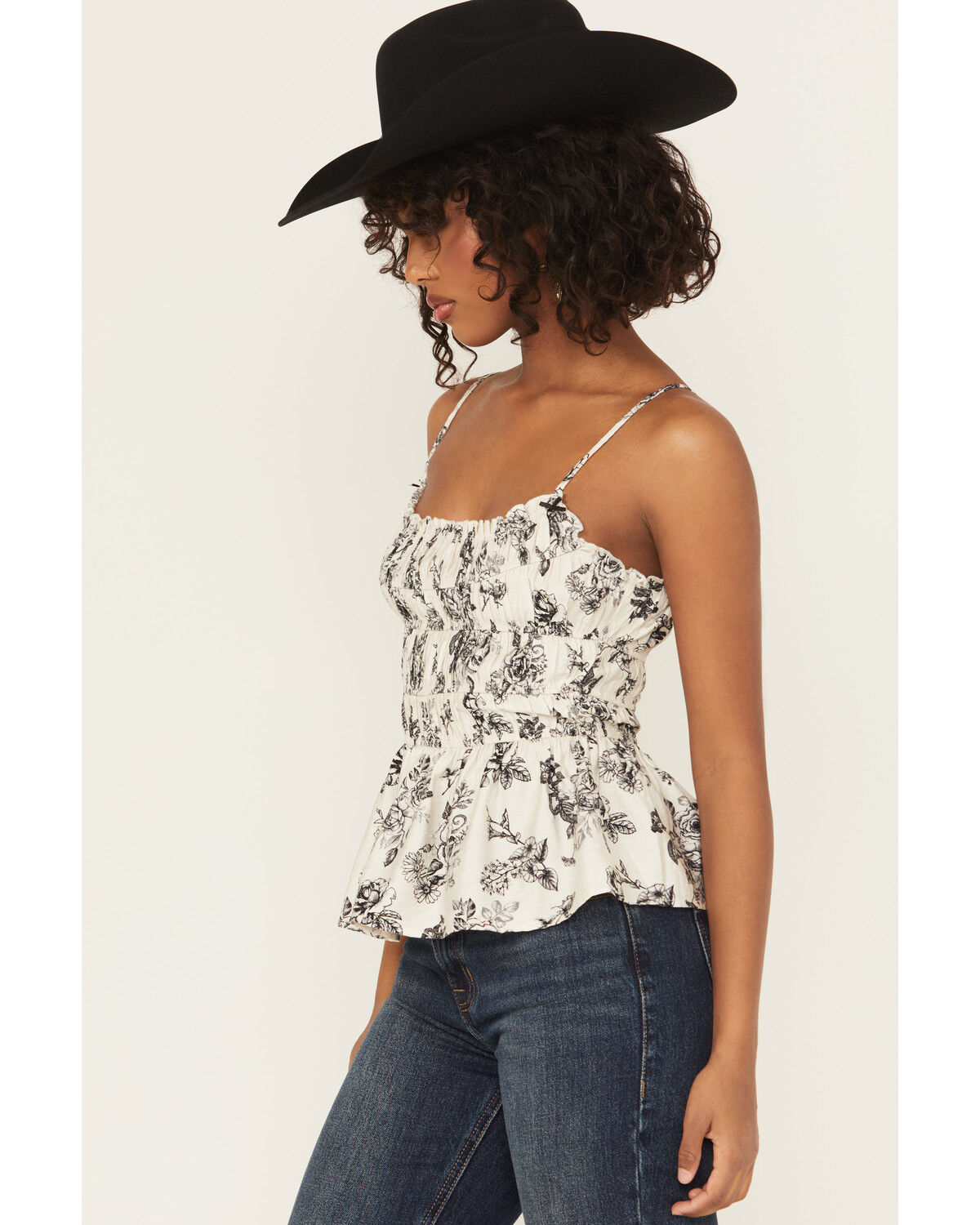 Image #2 - Wild Moss Women's Floral Print Smocked Tank, Ivory, hi-res