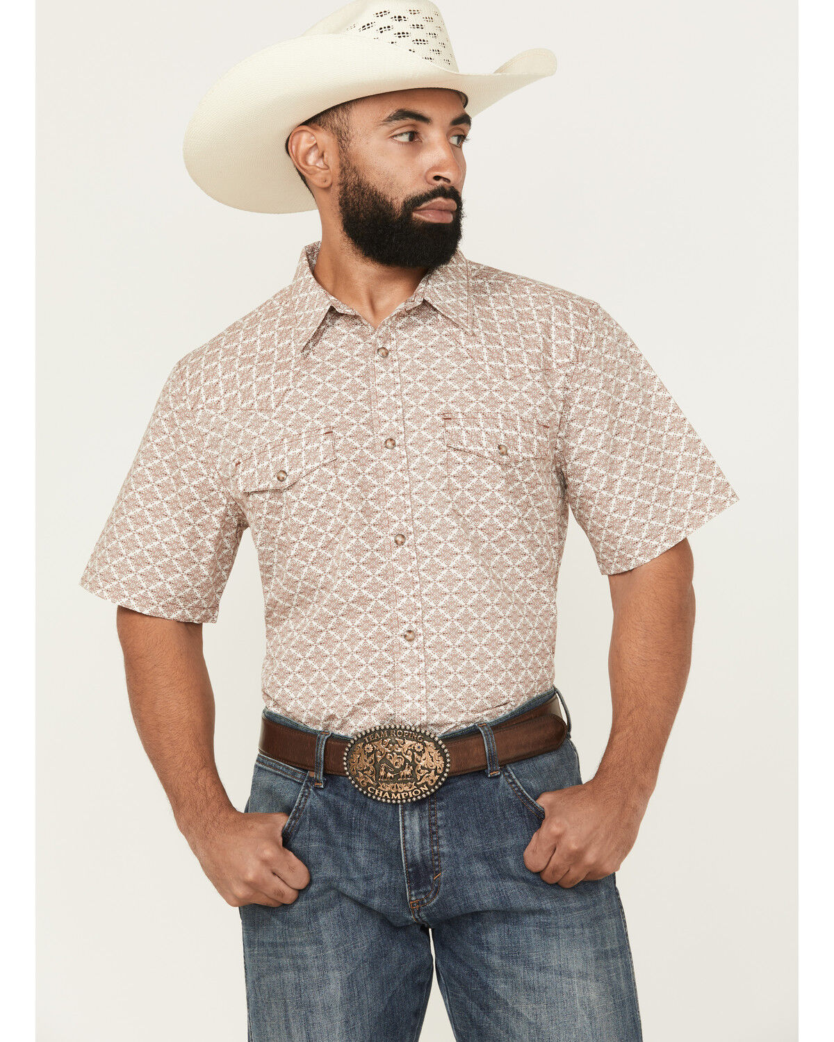 Image #1 - Gibson Trading Co Men's Gypsy Medallion Print Short Sleeve Snap Stretch Western Shirt, Brown, hi-res