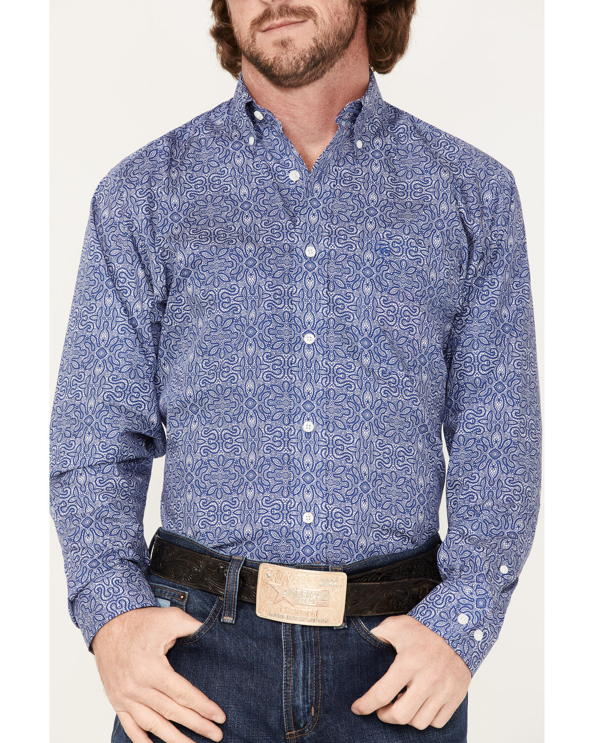 Image #3 - Ariat Men's WF Seamus Print Long Sleeve Western Shirt, Blue, hi-res