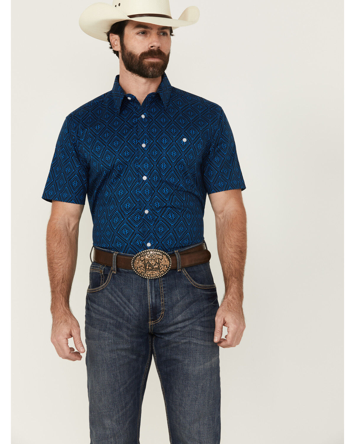 Image #1 - RANK 45® Men's Ribbon Medallion Print Short Sleeve Button-Down Stretch Western Shirt, Blue, hi-res