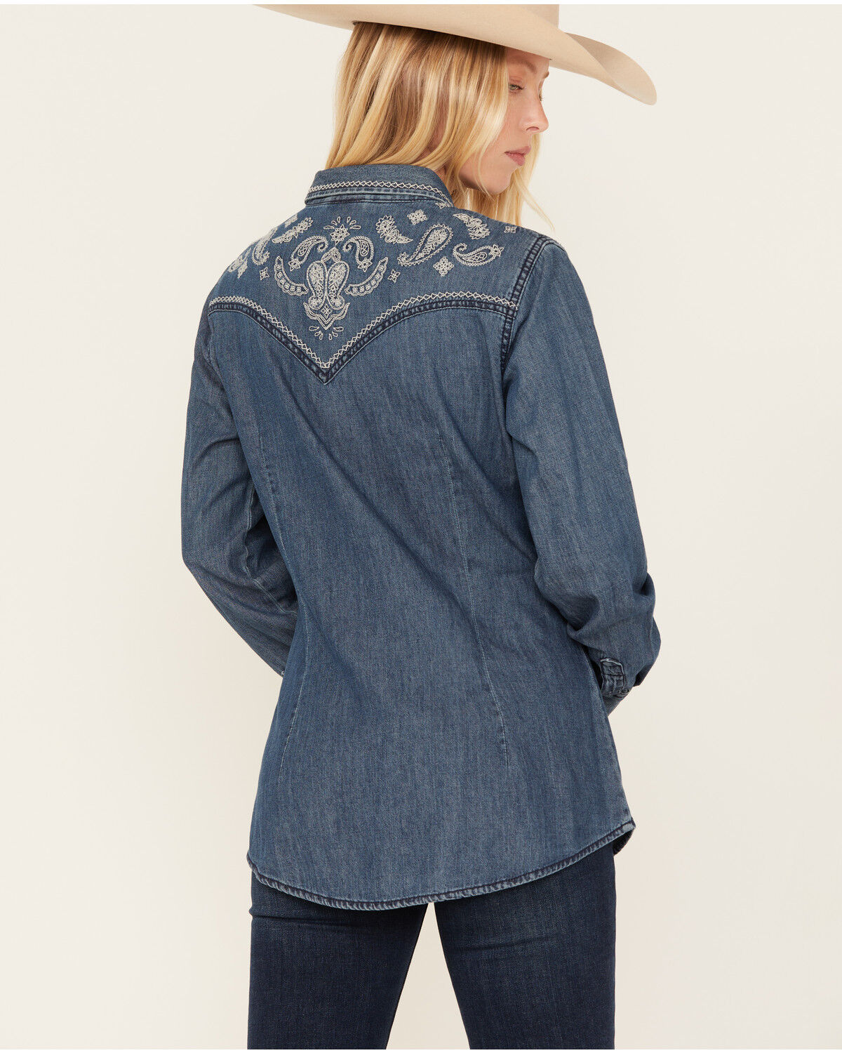 Image #4 - Wrangler Retro Women's Dark Wash Denim Embroidered Long Sleeve Western Shirt, Dark Wash, hi-res