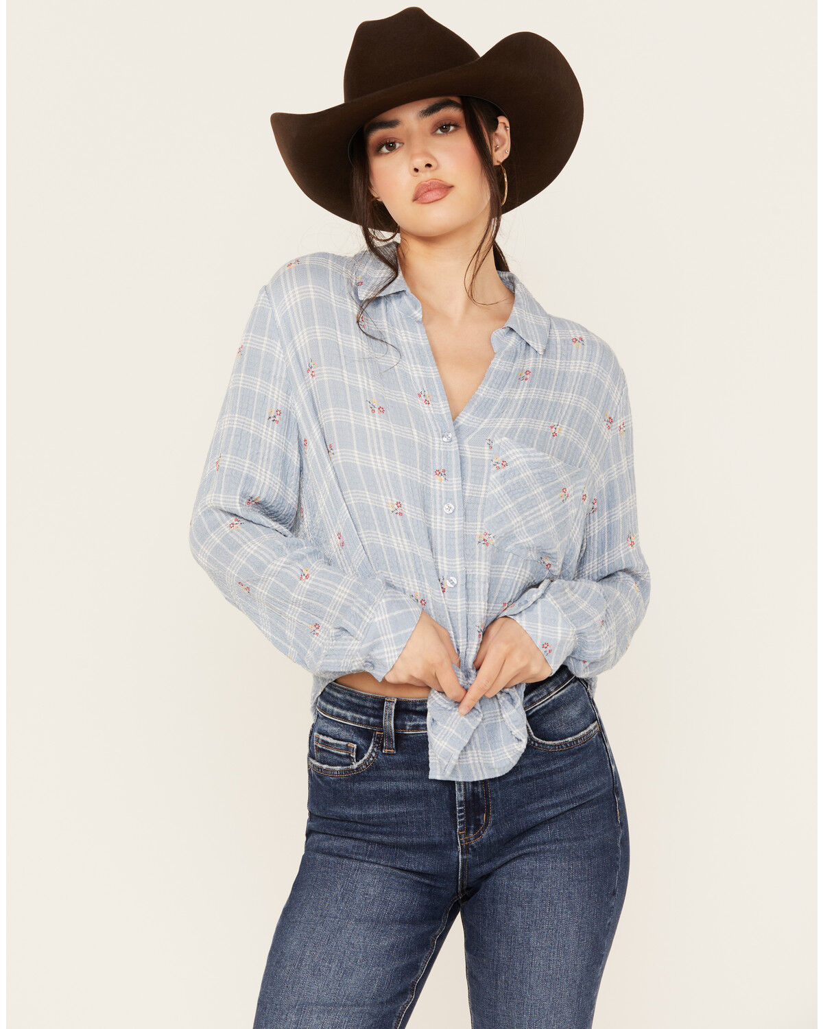 Image #1 - Beyond The Radar Women's Plaid Print Floral Long Sleeve Button-Down Shirt, Blue, hi-res