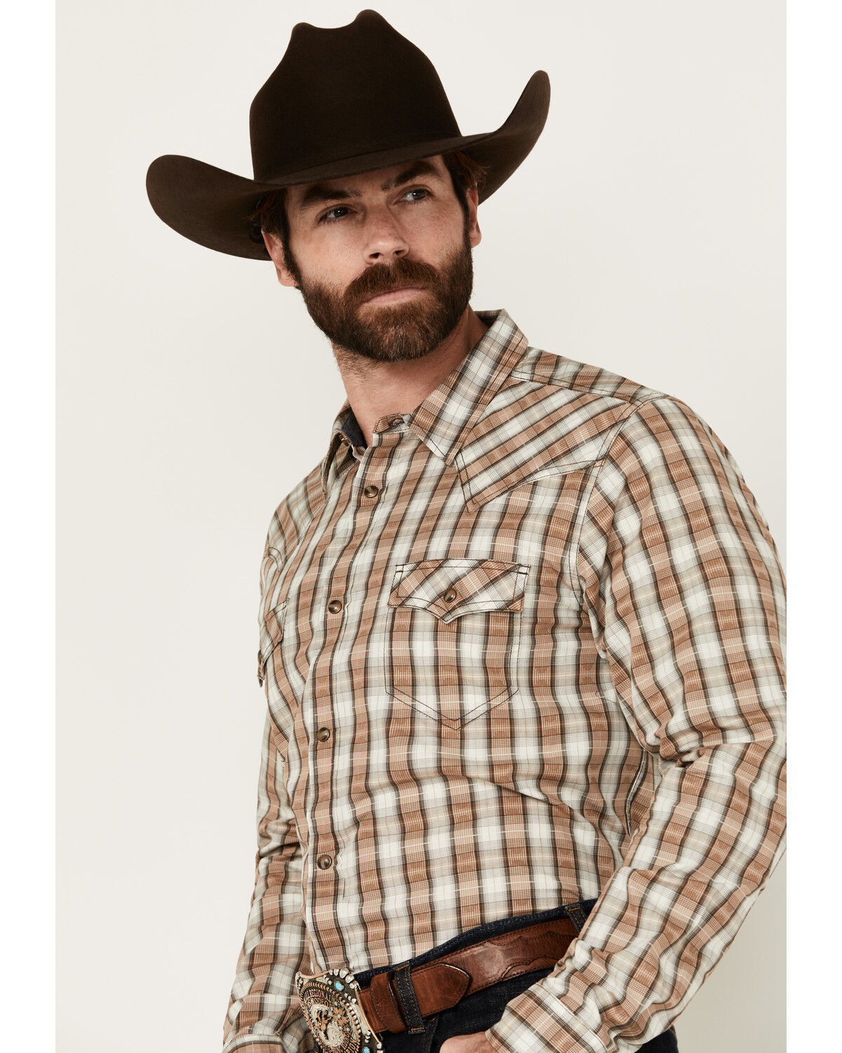 Image #1 - Cody James Men's Last Hurdle Plaid Print Long Sleeve Button-Down Stretch Western Shirt, Ivory, hi-res