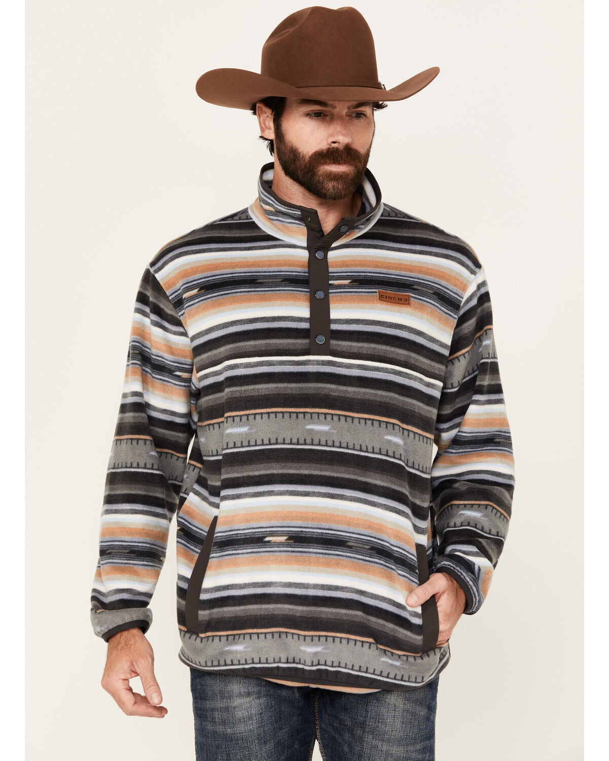 Cinch Men's Striped Print Quarter Snap Long Sleeve Pullover, Grey, hi-res