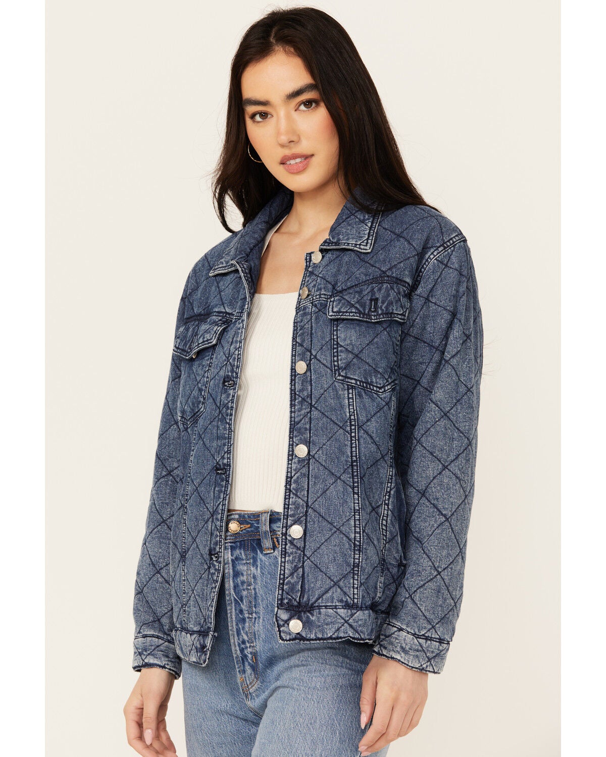 Revel Women's Diamond Stitched Denim Jacket, Medium Wash, hi-res