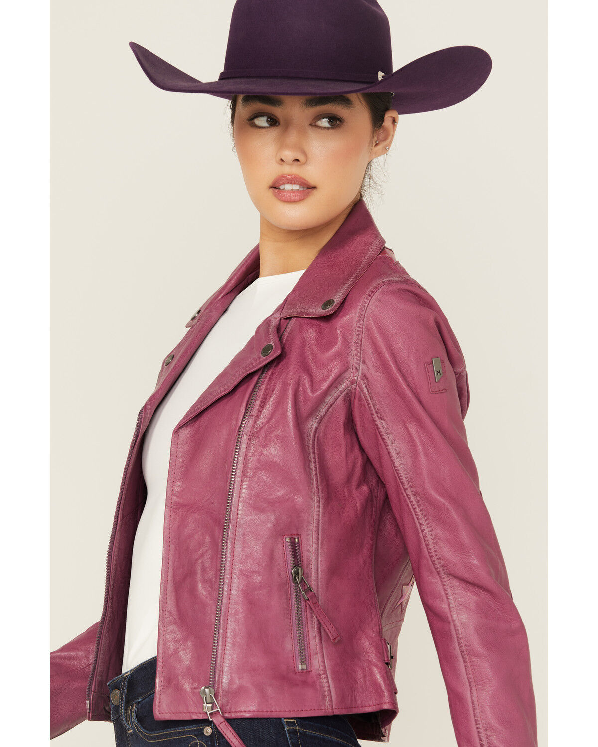 Image #2 - Mauritius Leather Women's Christy Star Zip-Front Moto Leather Jacket, Pink, hi-res