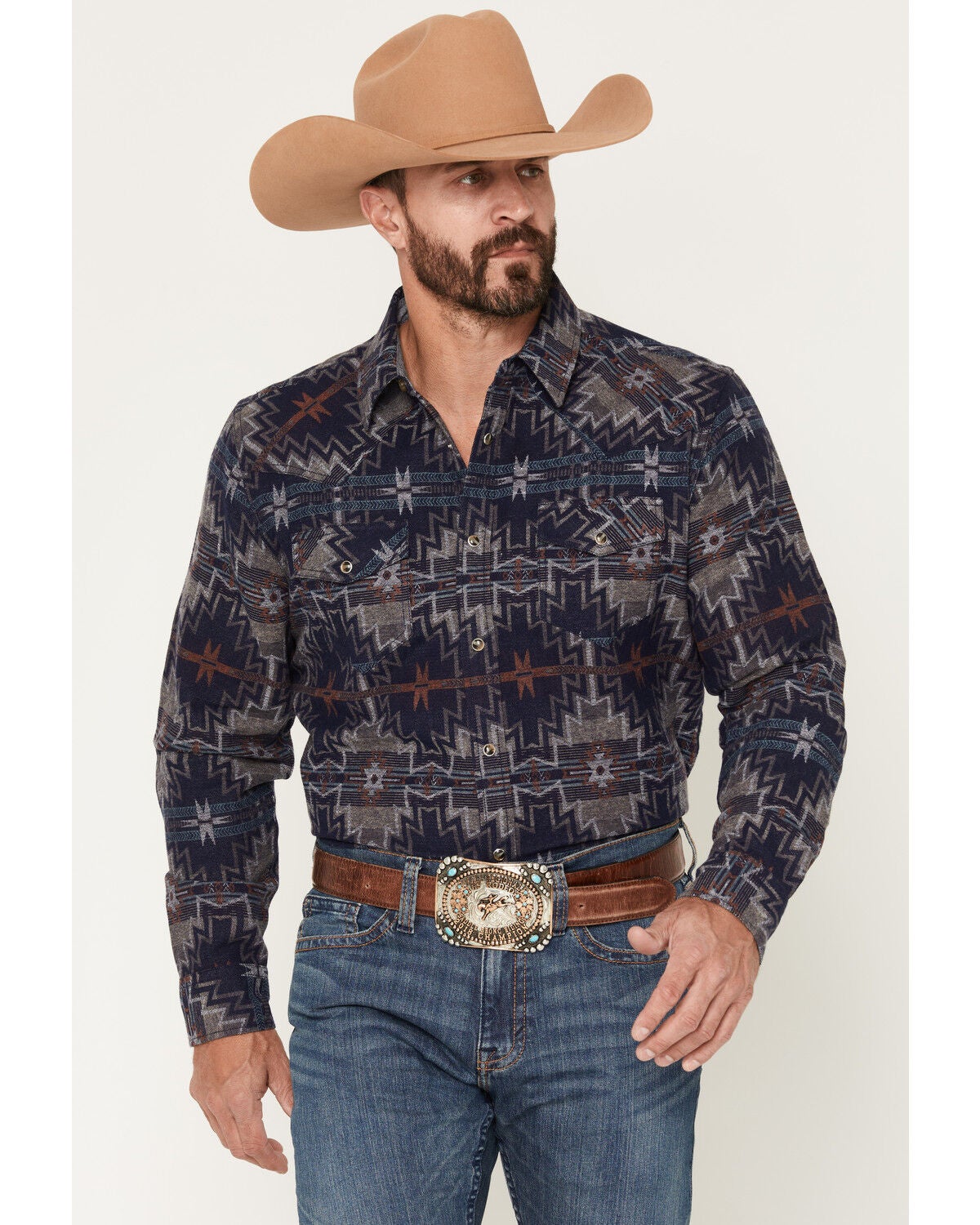 Image #1 - Cody James Men's Bowie Knife Southwestern Print Long Sleeve Snap Flannel Shirt, Navy, hi-res