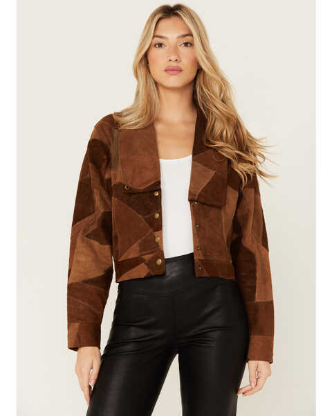 Shyanne Women's Patchwork Leather Bomber Jacket , Brown, hi-res