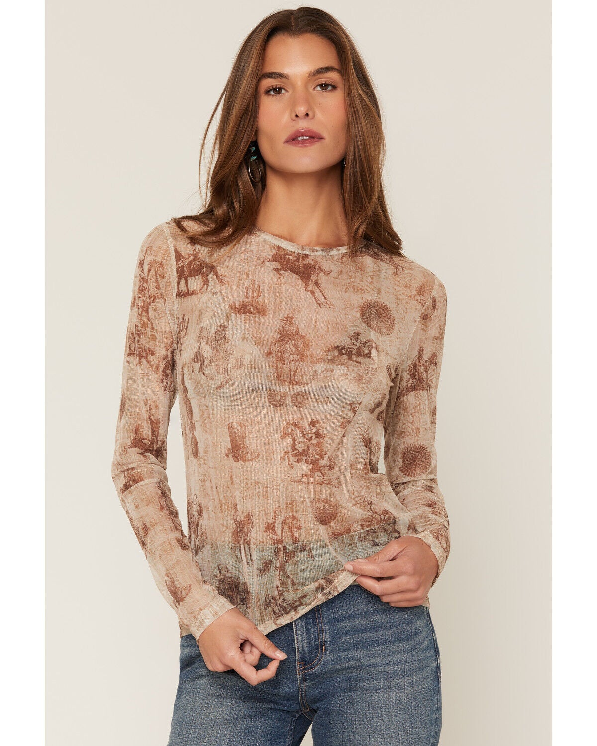 Shyanne Women's Oakvalley Western Print Long Sleeve Mesh Top, Beige, hi-res