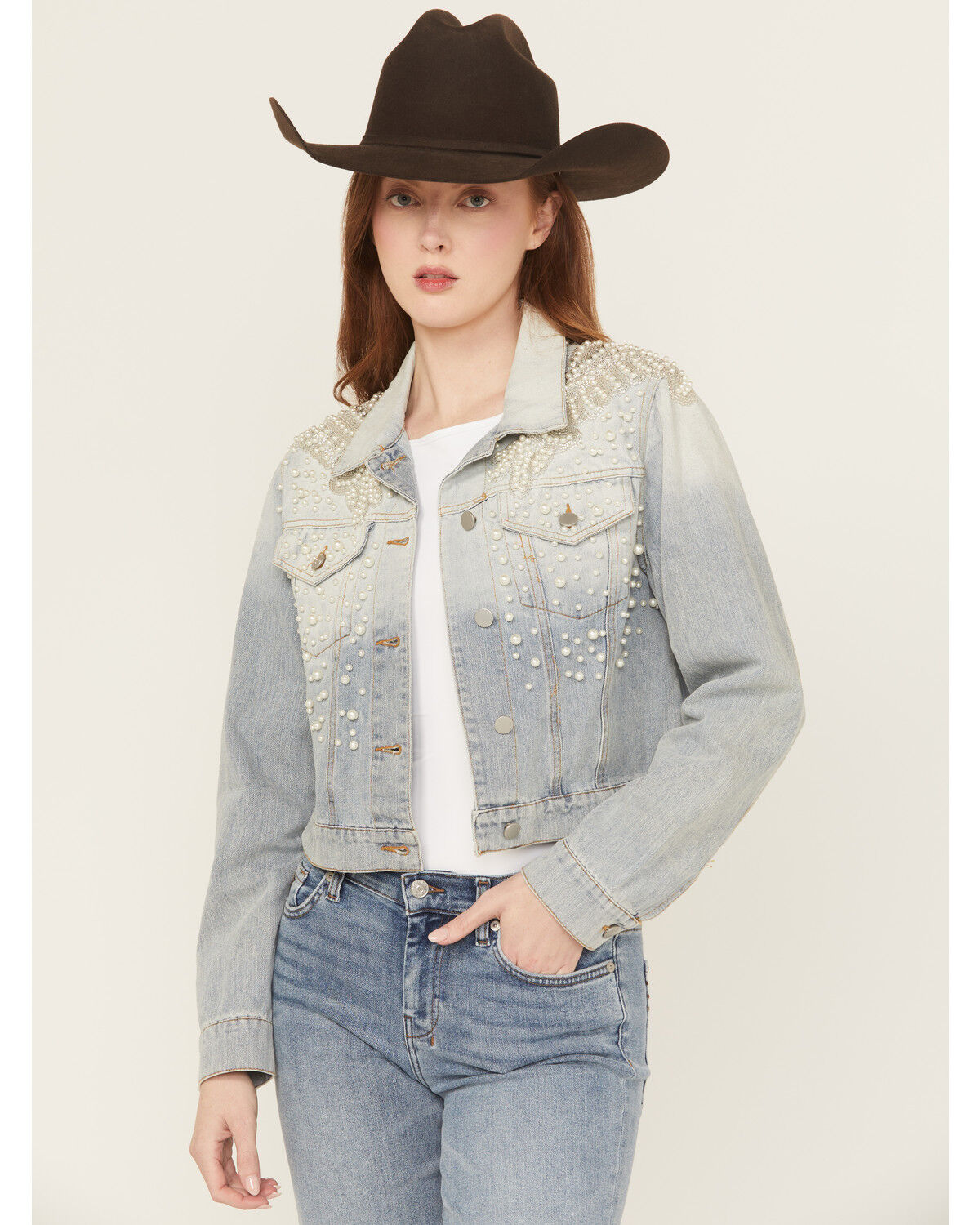 Image #1 - Saints & Hearts Women's Light Wash Embellished Denim Jacket, Light Wash, hi-res
