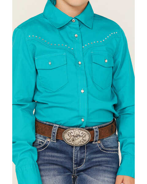 Image #3 - Shyanne Girls' Rhinestone Long Sleeve Western Button Down Shirt, Turquoise, hi-res