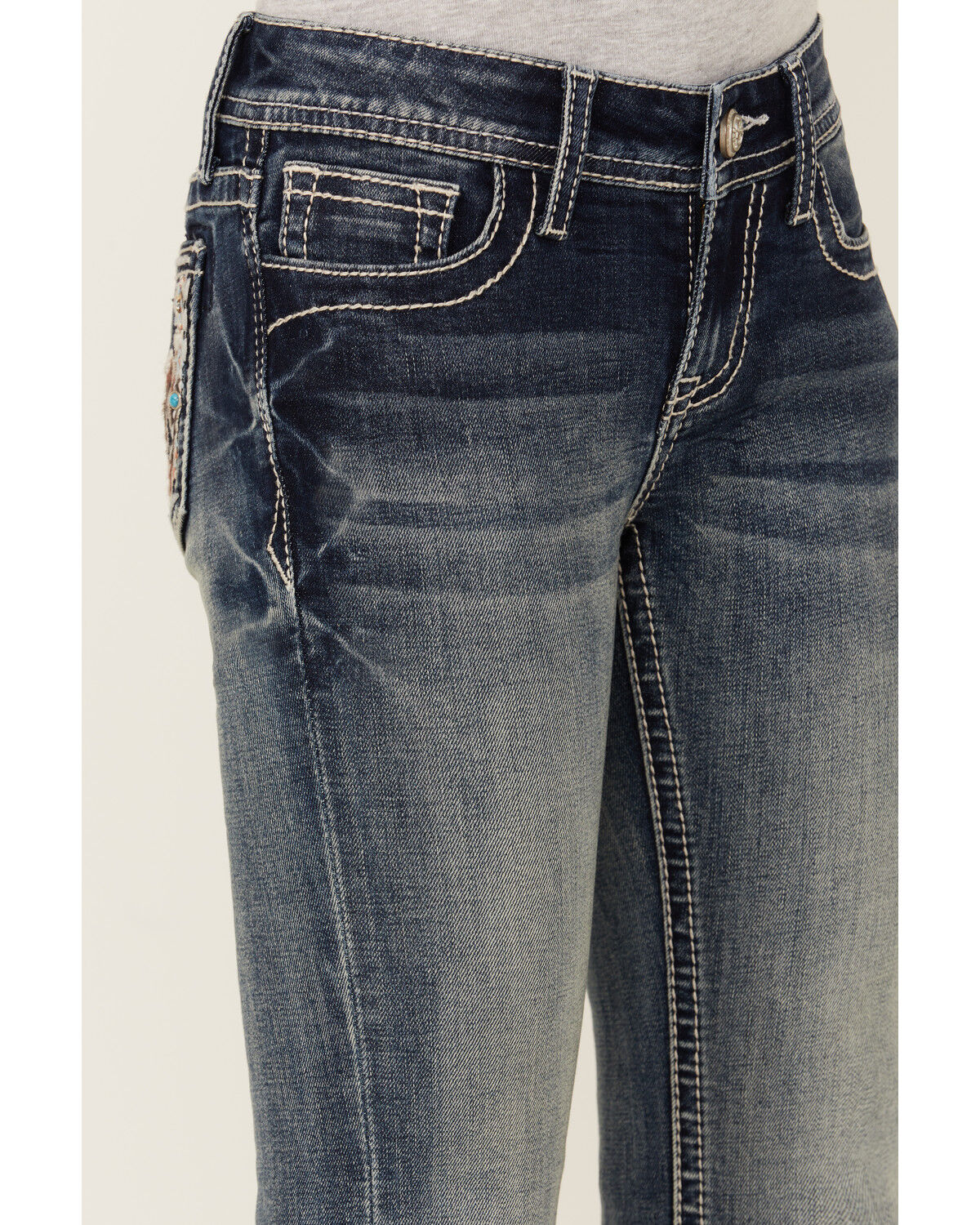 Image #4 - Grace in LA Girls' Medium Wash Horse Patch Pocket Bootcut Stretch Denim Jeans, Medium Wash, hi-res
