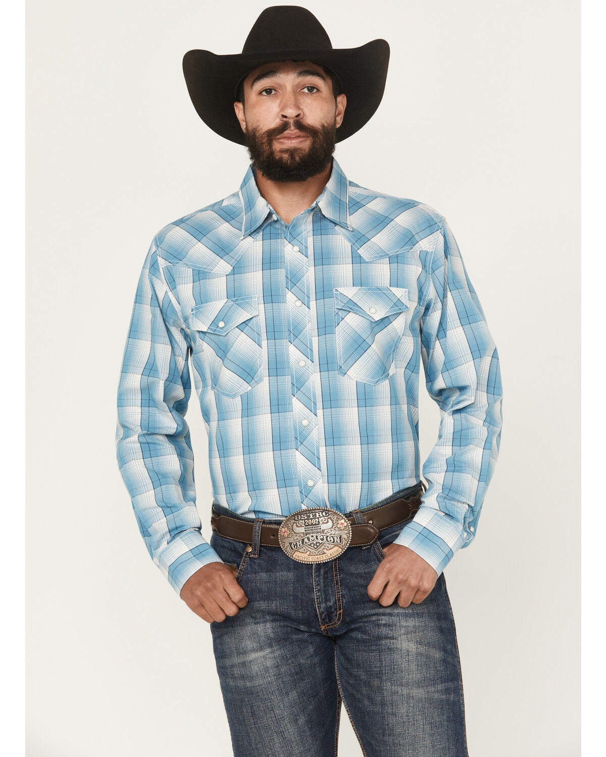 Wrangler 20X Men's Plaid Print Long Sleeve Snap Stretch Western Shirt, Blue, hi-res
