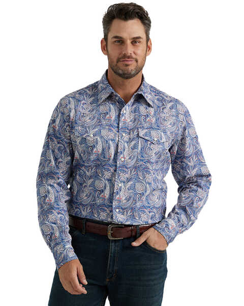 Wrangler 20X Men's Paisley Print Long Sleeve Pearl Snap Stretch Western Shirt , Blue, hi-res