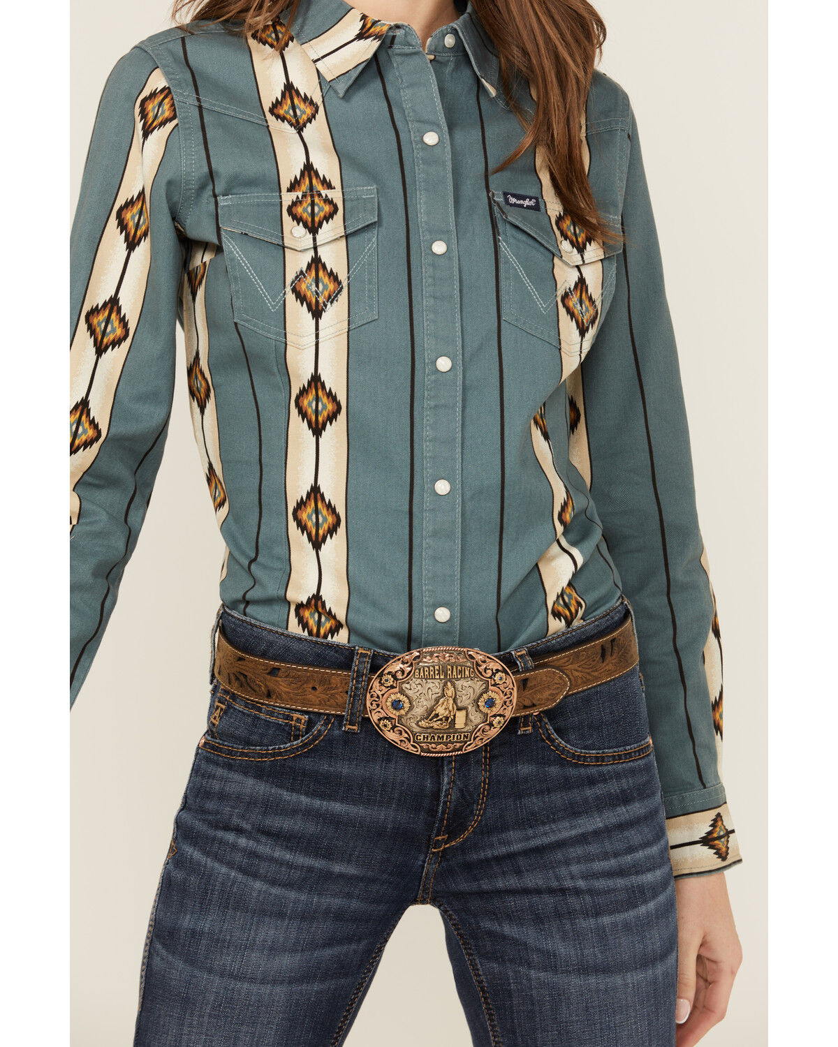 Image #3 - Wrangler Retro Women's Geo Print Long Sleeve Snap Western Shirt, Teal, hi-res