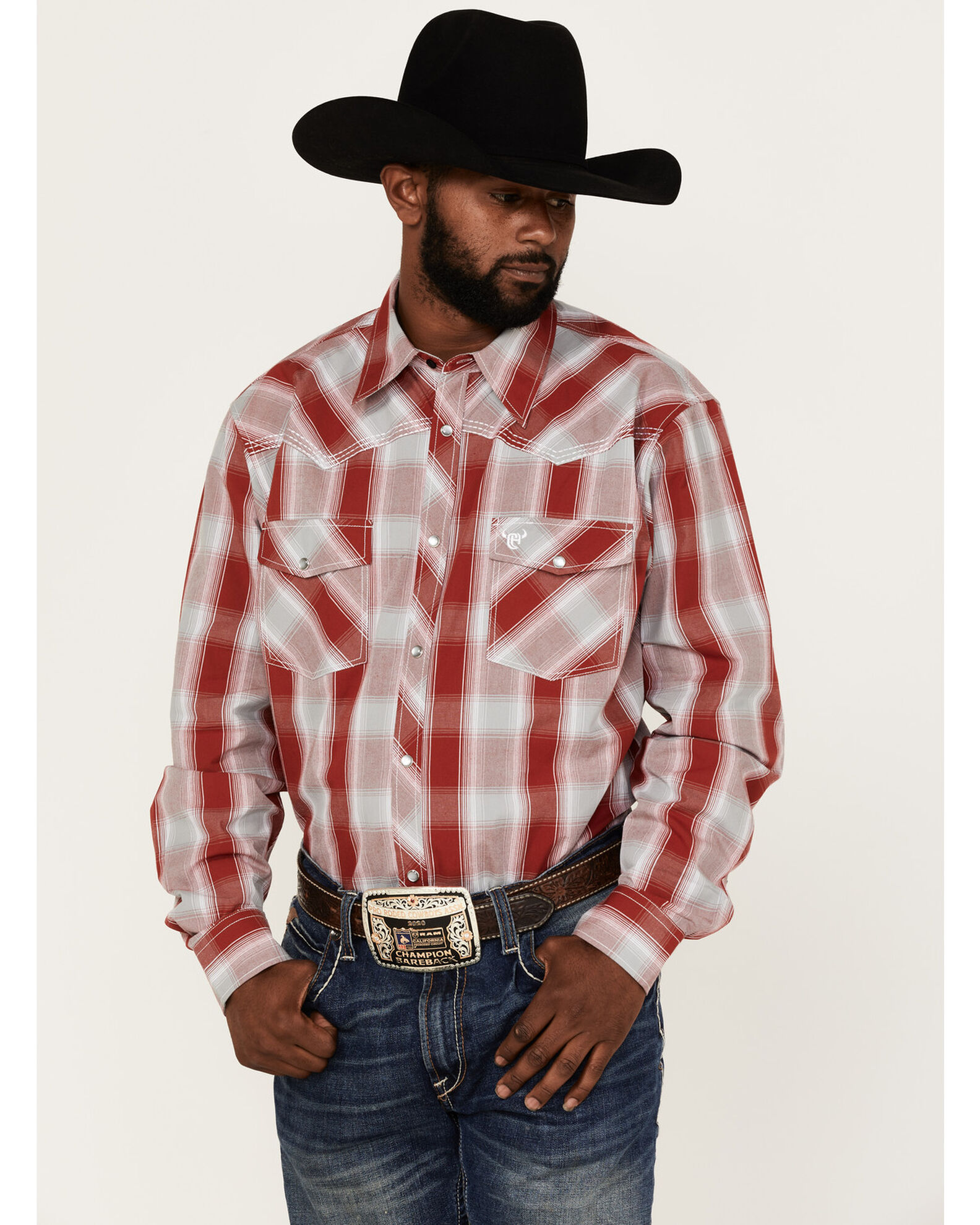 Cowboy Hardware Men s Burgundy Hombre Plaid Long Sleeve Pearl Snap Western Shirt