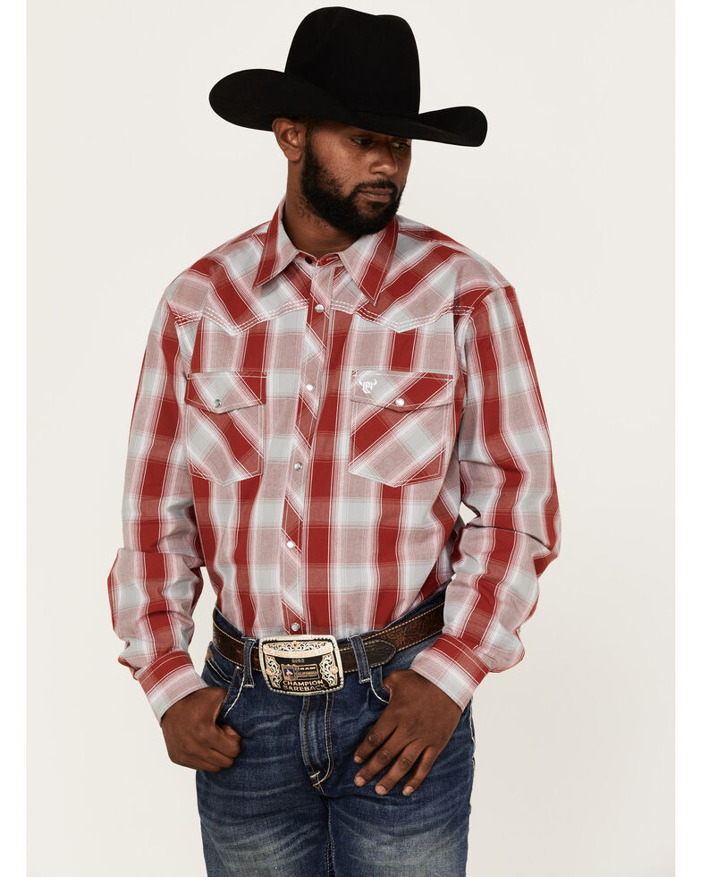 Cowboy Hardware Men's Burgundy Hombre Plaid Long Sleeve Snap Western Shirt , Burgundy, hi-res