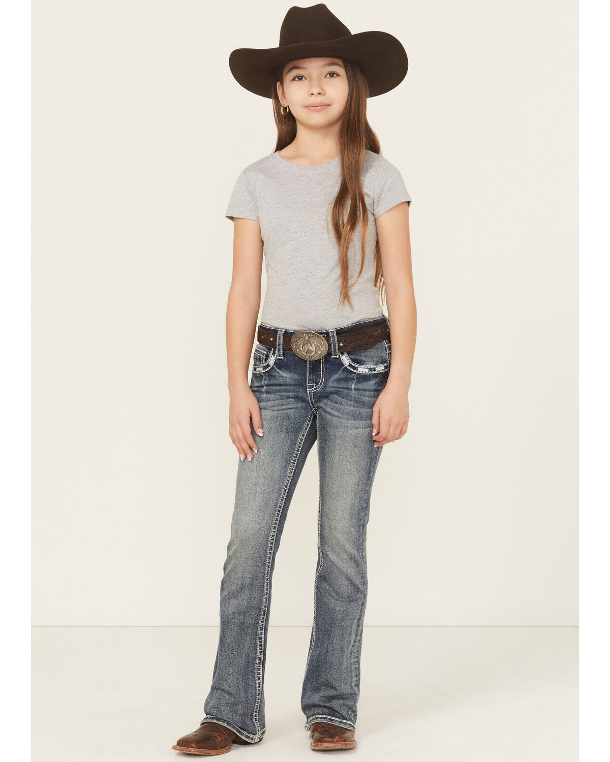 Image #3 - Grace in LA Girls' Medium Wash Horse Pocket Bootcut Stretch Denim Jeans, Medium Wash, hi-res