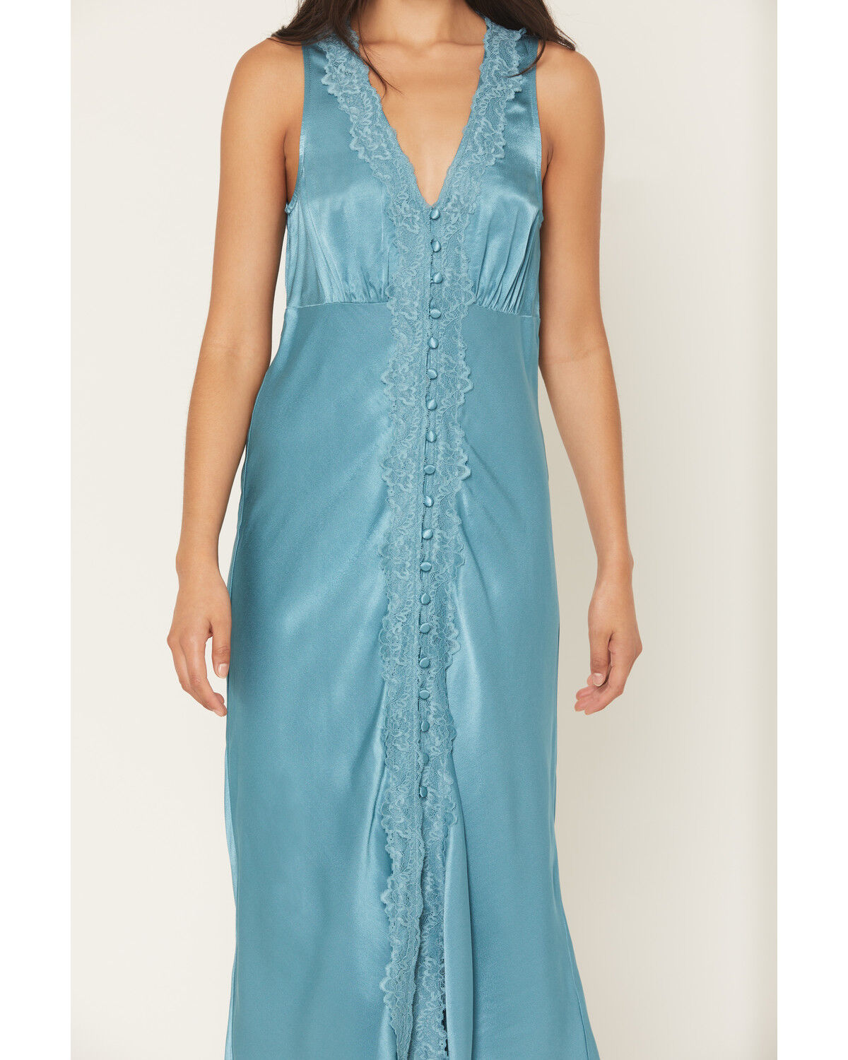 Image #3 - Shyanne Women's Satin Lace Trim Sleeveless Button-Down Midi Dress, Turquoise, hi-res