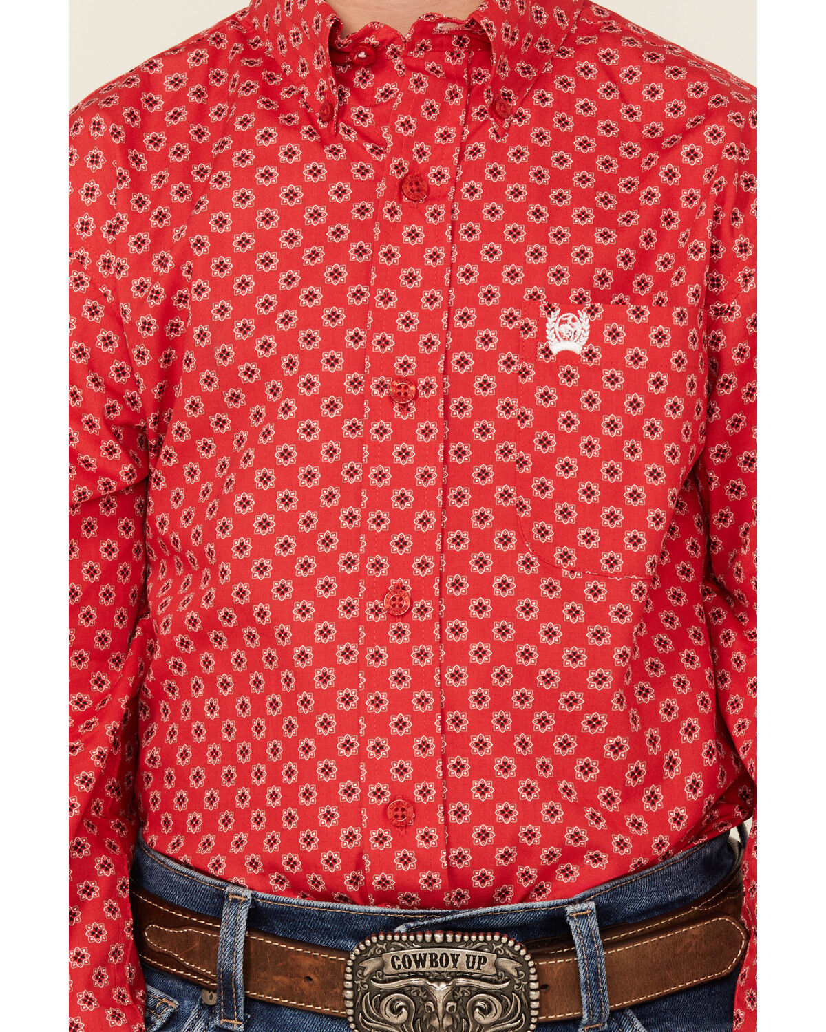 Image #3 - Cinch Boys' Geo Print Long Sleeve Western Shirt, Red, hi-res