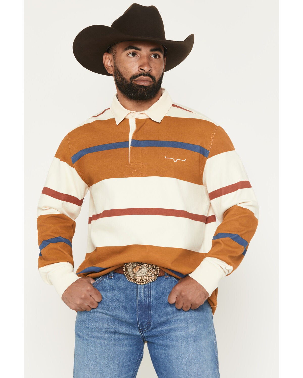 Kimes Ranch Men's Bulldog Rugby Striped Long Sleeve Polo Shirt, Brown, hi-res