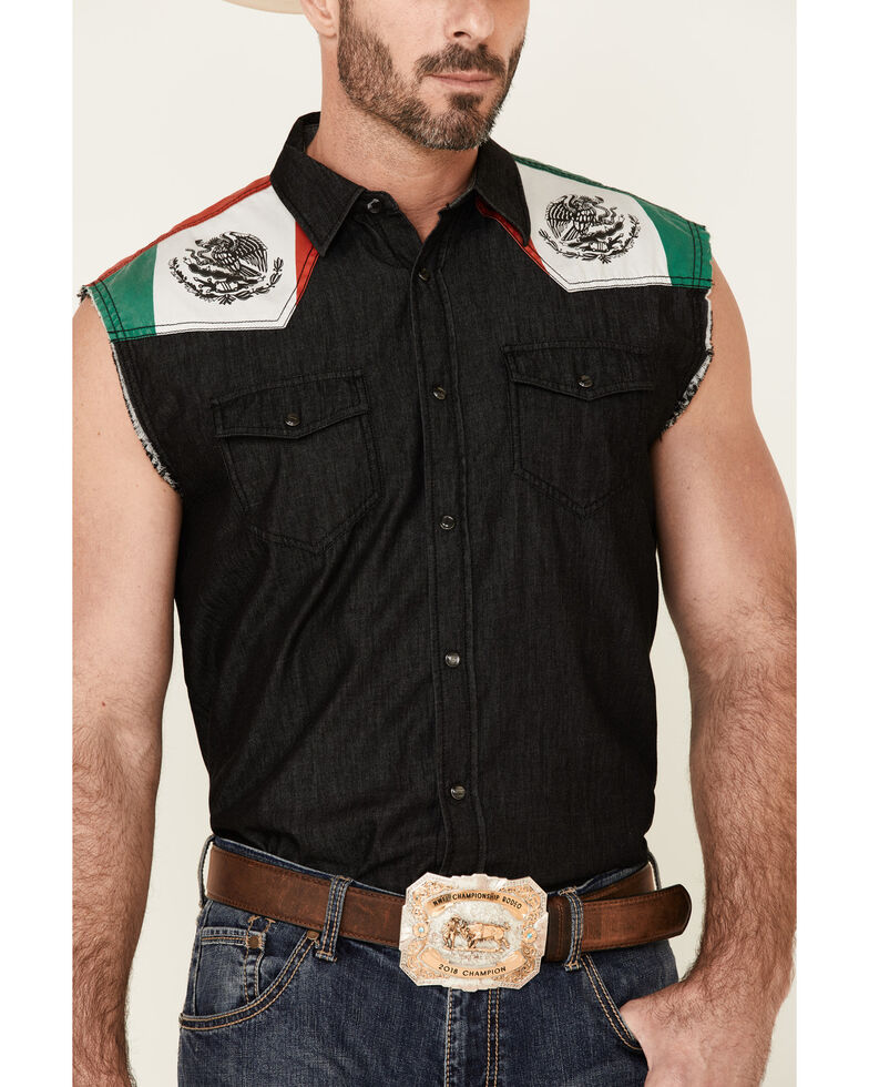Cody James Men's Mexico Flag Bubba Sleeveless Snap Western Shirt , Black, hi-res