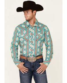 Rock & Roll Denim Men's Brown All-Over Southwestern Print Long Sleeve Snap Western Shirt , Brown, hi-res
