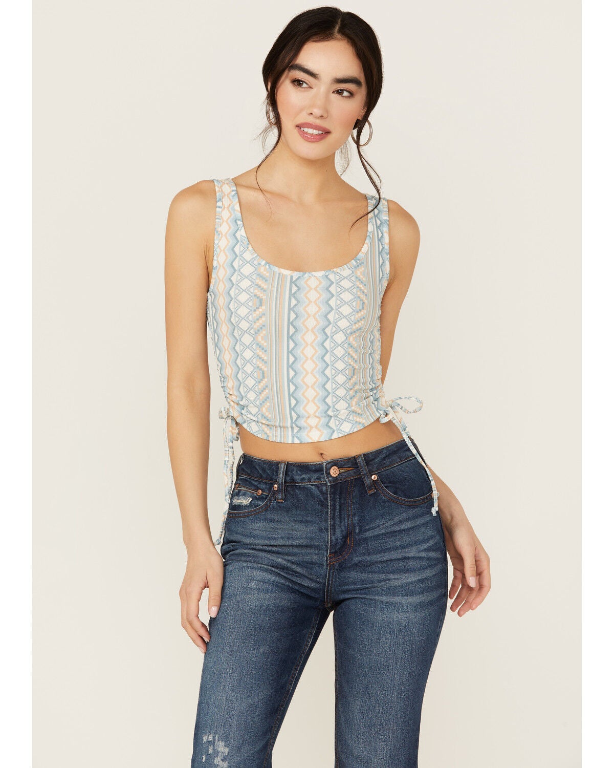 Rock & Roll Denim Women's Chevron Striped Sleeveless Cropped Tank Top, Tan, hi-res