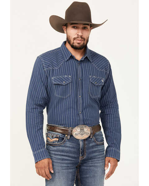 Image #1 - Blue Ranchwear Men's Vintage Striped Long Sleeve Snap Western Shirt, Navy, hi-res