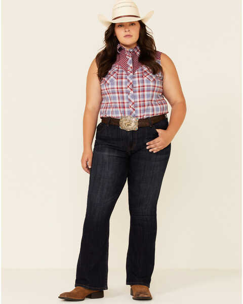 Image #2 - Rough Stock By Panhandle Women's Plaid Contrast Yoke Sleeveless Snap Western Core Shirt - Plus, Red/white/blue, hi-res
