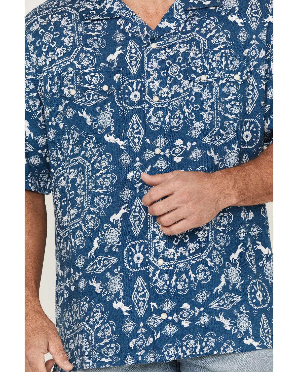 Image #3 - Wrangler Men's Western Print Short Sleeve Snap Western Shirt, Blue, hi-res