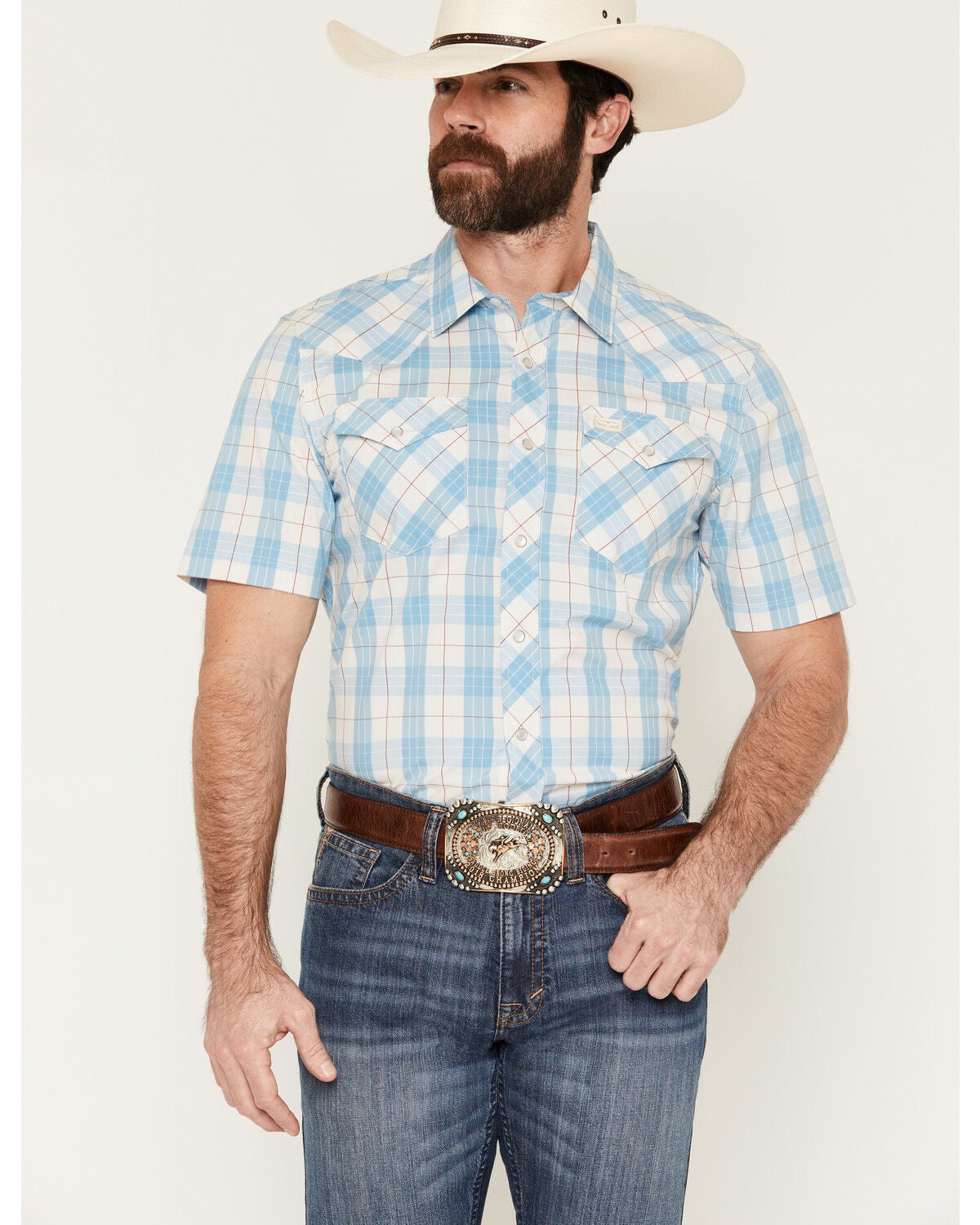 Kimes Ranch Men's Spade COOLMAX&reg; Plaid Print Short Sleeve Pearl Snap Western Shirt, Blue, hi-res