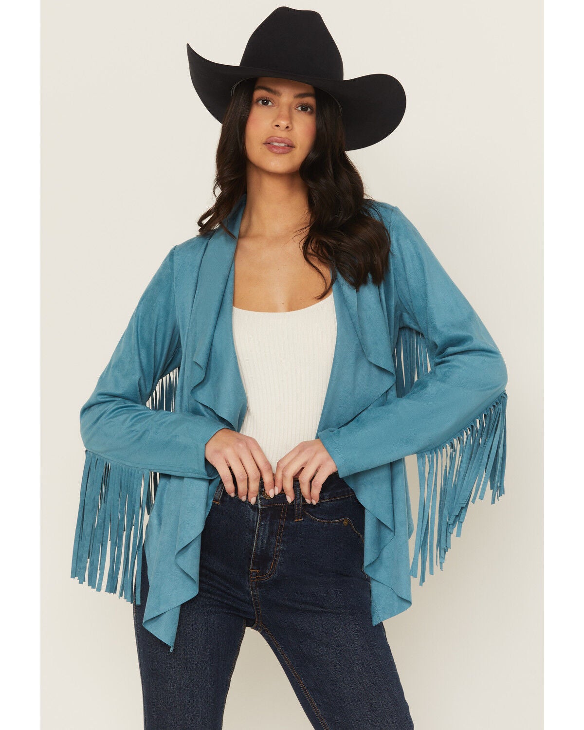 Shyanne Women's Cascade Front Fringe Faux Suede Fringe Jacket, Turquoise, hi-res