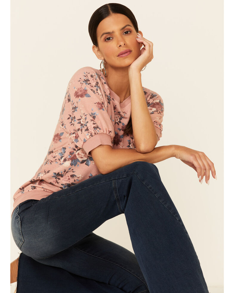 Jolt Women's Blush Floral Print Raglan Short Sleeve Sweatshirt  , Blush, hi-res