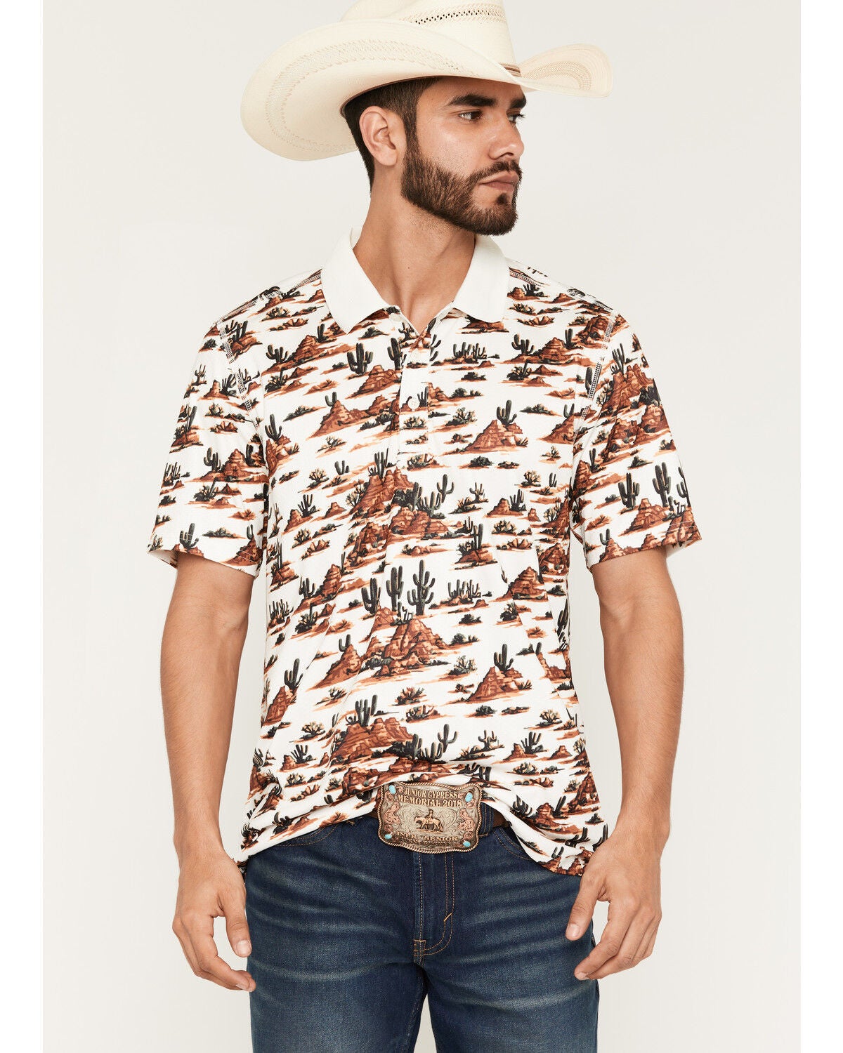 RANK 45&reg; Men's Josey Desert Print Short Sleeve Button-Down Polo Shirt, Cream, hi-res