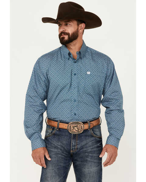 Cinch Men's Geo Print Long Sleeve Button-Down Western Shirt, Teal, hi-res