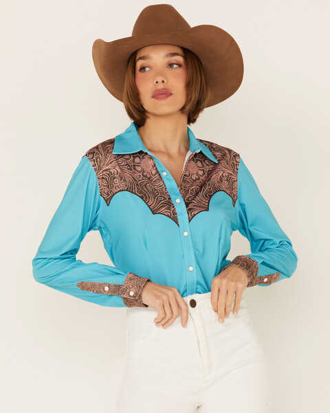 Ranch Dress'n Women's Solid Teal Tooled Yoke Long Sleeve Snap Western Core Shirt , Teal, hi-res