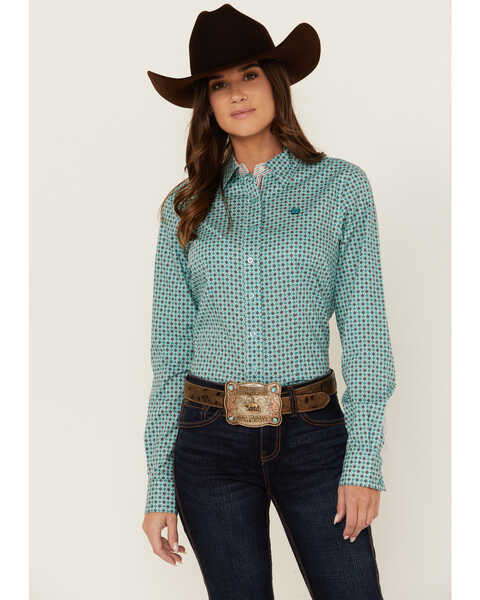 Cinch Women's Printed Long Sleeve Button-Down Western Shirt , Light Blue, hi-res
