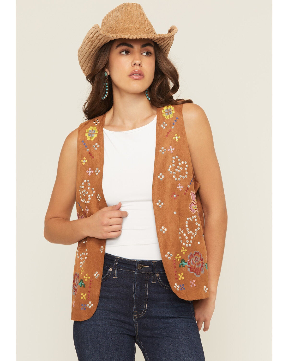 Image #1 - Fornia Women's Floral Embroidered Studded Faux Suede Vest, Camel, hi-res