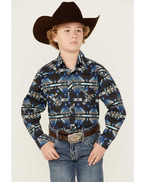 Rock & Roll Denim Boys' Southwestern Print Long Sleeve Stretch Snap Western Shirt , Navy, hi-res