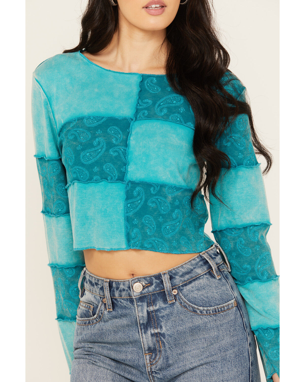 Image #3 - Rock & Roll Denim Women's Paisley Print Patchwork Long Sleeve Top, Blue, hi-res