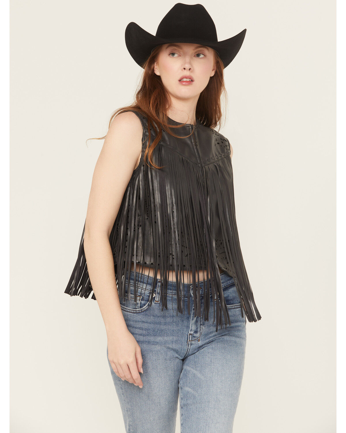 Image #1 - Blue B Women's Faux Leather Bandana Laser Cut Fringe Vest, Black, hi-res