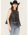Image #1 - Blue B Women's Faux Leather Bandana Laser Cut Fringe Vest, Black, hi-res