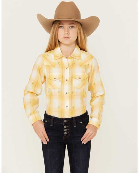 Ariat Girls' Glenrock Cactus Plaid Print Long Sleeve Rhinestone Snap Western Shirt , Yellow, hi-res