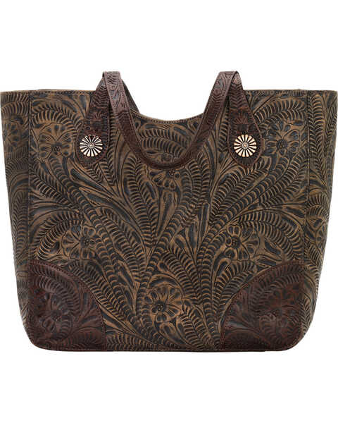 American West Women's Annie's Secret Collection Brown Distressed Large Zip Top Tote, Brown, hi-res
