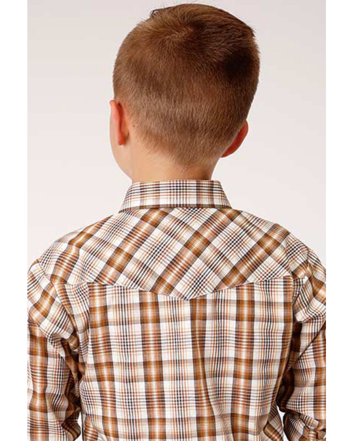 Image #2 - Roper Boys' Classic Brown Plaid Long Sleeve Western Shirt, Brown, hi-res