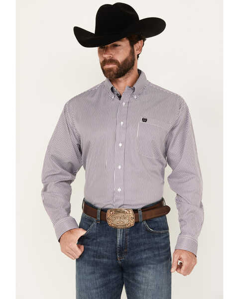 Cinch Men's Tencel Striped Long Sleeve Button-Down Western Shirt, Purple, hi-res