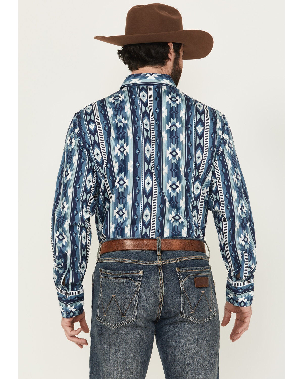 Image #4 - Wrangler Men's Checotah Southwestern Print Long Sleeve Snap Western Shirt, Blue, hi-res