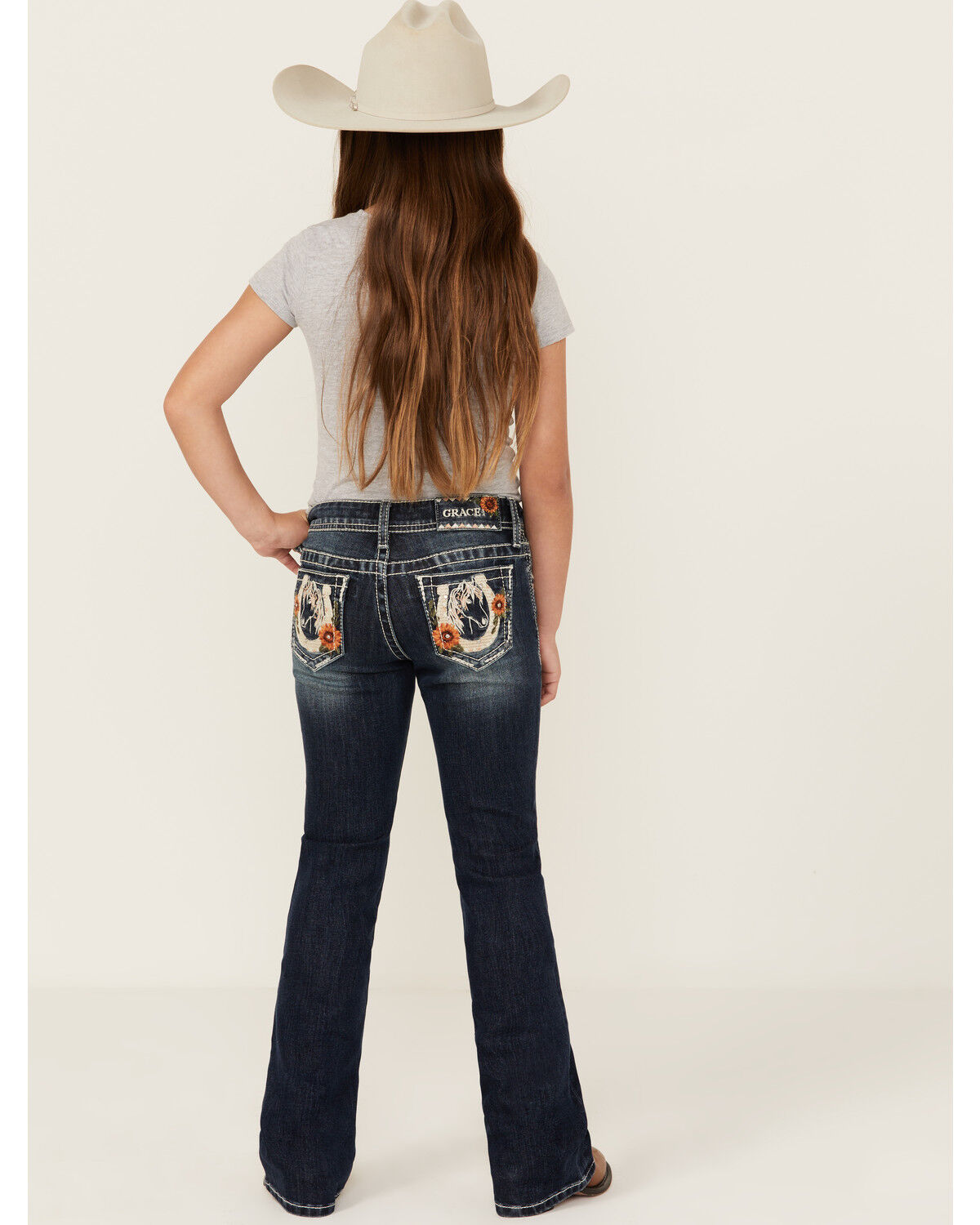 Image #1 - Grace in LA Girls' Dark Wash Horseshoe Flower Pocket Bootcut Stretch Denim Jeans, Dark Wash, hi-res