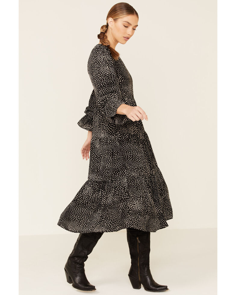 Very J Women's Black Print Tiered Maxi Dress, Black, hi-res